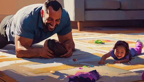 A dad smiling at his daughter who is doing tummy time,painting easter egg,painting eggs,father and daughter,playmat,kids illustration,playing with kids,children drawing,father daughter,father with chi