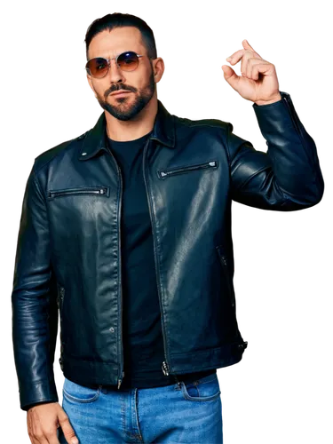 Muscular man, sexy, mature, confident, rugged beard, short hair, tattoos on arms, chest muscles, six-pack abs, low-rise jeans, black leather jacket, sunglasses, smoldering eyes, bold eyebrows, strong 