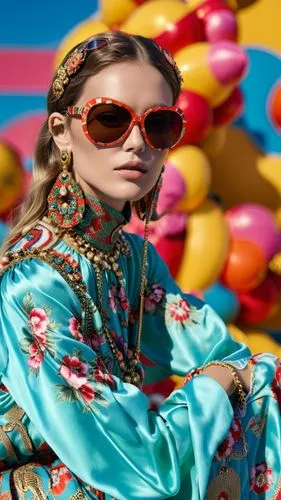 Fashion show ,a young woman with sunglasses sitting on a couch in front of some balloons,marni,kenzo,caftans,kaftans,caftan,gabbana,Photography,General,Realistic