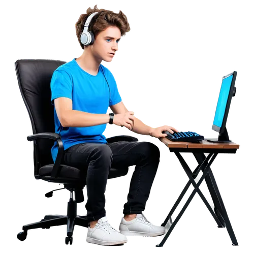 Young adult male, gaming setup, messy brown hair, bright blue eyes, casual wear, white graphic t-shirt, dark jeans, black sneakers, gaming keyboard, mouse, headset, dual monitors, ergonomic chair, dim