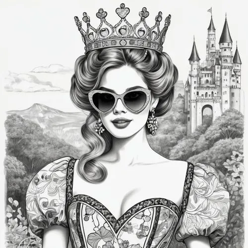 prinses,prinzessin,queen of hearts,princess sofia,disneyfied,vintage illustration,Illustration,Black and White,Black and White 30