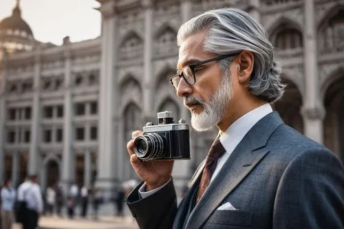 Middle-aged man, bespectacled, neatly combed gray hair, well-groomed beard, formal attire, suit and tie, holding a vintage camera, standing in front of a historic skyscraper, intricate stone carvings,