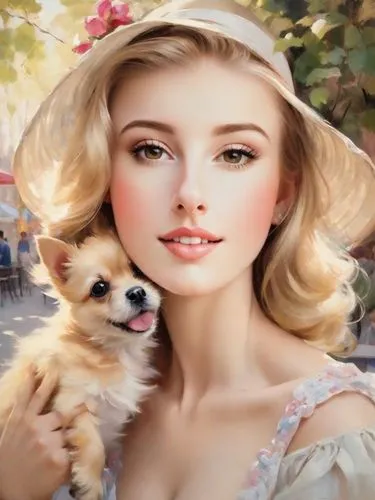 girl with dog,emile vernon,indian spitz,pomeranian,romantic portrait,vintage girl,blonde dog,fantasy portrait,fairy tale character,vintage woman,blonde woman,vintage boy and girl,norfolk terrier,children's fairy tale,female dog,photo painting,southern belle,alice,blond girl,german spitz