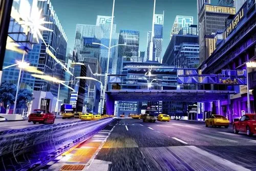 cybercity,motorcity,superhighways,city highway,cartoon video game background,city scape