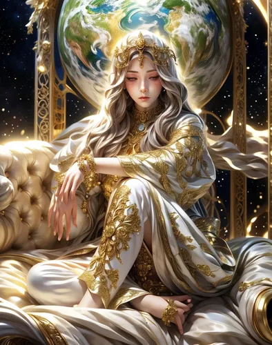 zodiac sign libra,amano,golden crown,libra,golden wreath,fantasy portrait,zodiac sign leo,zodiac sign gemini,golden apple,magi,gaia,gold filigree,fantasy picture,fantasy art,priestess,gold foil mermaid,star mother,golden heart,mary-gold,mother earth