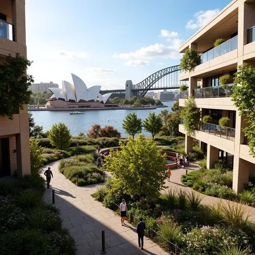 Vibrant Sydney Harbour, iconic Opera House backdrop, modern social housing architecture, lush green roofs, vertical gardens, flowering vines, outdoor community spaces, public art installations, pedest