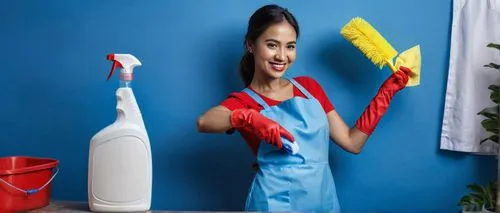 a phiipino lady wearing cleaning dress, blue color aprinn and red color glove, cleaning items in her hand, smiley face, ,a woman with gloves on and holding a sponge,cleaning service,cleaning woman,hou