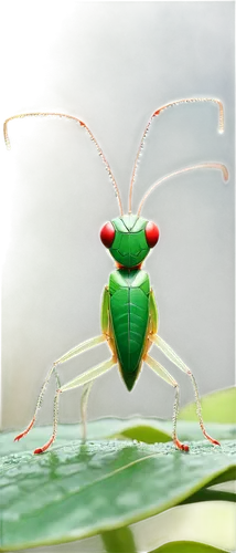 Small cricket, green body, long antennae, wings folded, standing on leaf, morning dew, soft focus, shallow depth of field, warm color tone, cinematic lighting, close-up shot, audio waveform in backgro