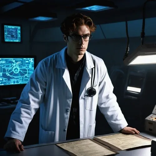 RPC agent, SCP Foundation, male, 30yo, lab coat, glasses, serious expression, contained anomaly, Euclid-class, dim laboratory, fluorescent lights, metal tables, various sci-tech equipment, warning sig