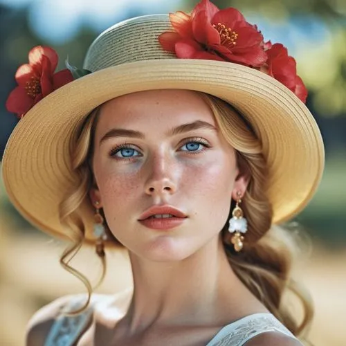 Close-up portrait of a young woman with striking features, displaying a thoughtful or introspective expression. Her face is highlighted by bright blue eyes, red lipstick, and delicate freckles dusting