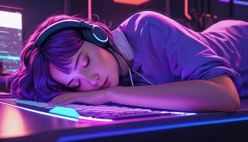 girl at the computer,zzz,cyberpunk,girl studying,sleeping,listening to music,midi,night administrator,asleep,sleeping rose,dj,computer addiction,lan,ultraviolet,coder,purple wallpaper,music background,computer,aesthetic,sleep,Photography,General,Realistic