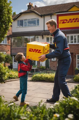 Create a heartwarming scene where a DHL delivery person surprises a child with a special package.,postman,parcel service,delivery man,mailman,parcel delivery,dhl,delivering,special delivery,package de