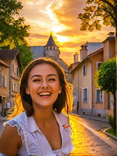 A 30-year-old French maid laughing her head off on the street.,a beautiful woman standing on the street smiling,budaj,anatolian,turkey tourism,edirne,kosovan,bogazici,Photography,Documentary Photograp