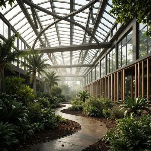 Deconstructed greenhouse, fragmented glass panels, twisted metal frames, organic botanical forms, lush tropical plants, misty atmosphere, warm natural light, industrial materials, reclaimed wood accen