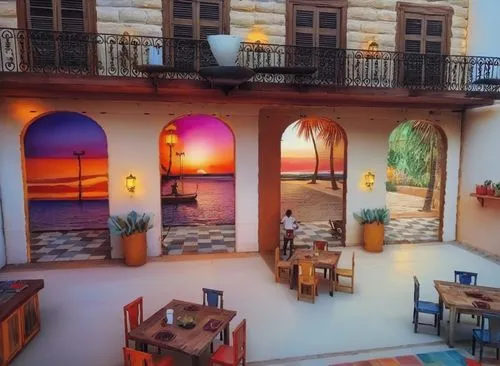 watercolor cafe,watercolor tea shop,a restaurant,colored pencil background,beach restaurant,casa fuster hotel,an apartment,art painting,church painting,las olas suites,riad,meticulous painting,3d rend