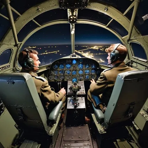 Aerial view of a WWII-era night fighter cockpit, illuminated from within. The black cockpit houses three seats, with the first occupied by a normal-sized 25 years old male pilot intensely gripping the