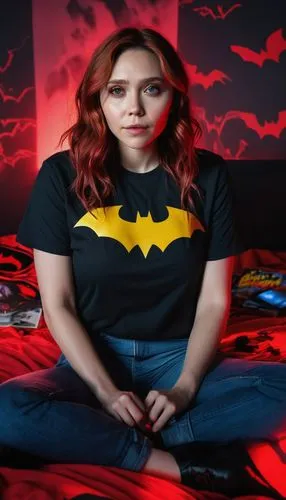  ((Elizabeth Olsen)) geek gothic sitting on the bed, (((wearing batwoman t-shirt)))((action pose)),  night (((long red hair))), In the background, a geek room, with comic books, and posters on the wal