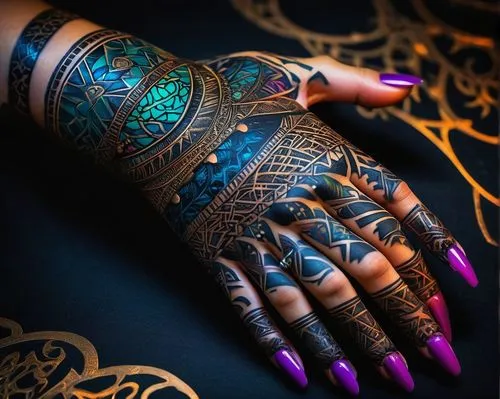 Tattooed hand, AI-generated design, intricate knuckle tattoo, black ink, geometric patterns, 3D-like details, metallic sheen, ornate borders, bold lines, vibrant colors, glow effect, dramatic lighting