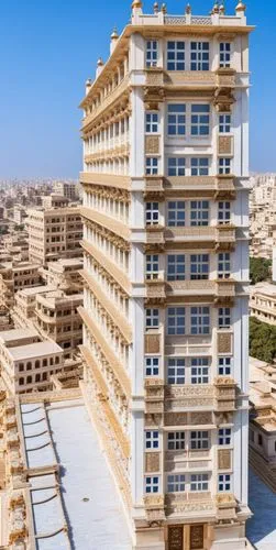 generate the image with haveli architectural ornaments in the building elevations,an image of an old building in the middle of the city,achrafieh,ashrafieh,rotana,maadi,hiranandani,manama,Photography,