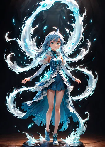 aqua,umiuchiwa,hatsune miku,fantasia,winterblueher,vocaloid,summoner,aura,miku,water-the sword lily,mage,blue chrysanthemum,ice queen,cyan,azure,neptune,cnidaria,luminous,dancing flames,medusa,Anime,Anime,General