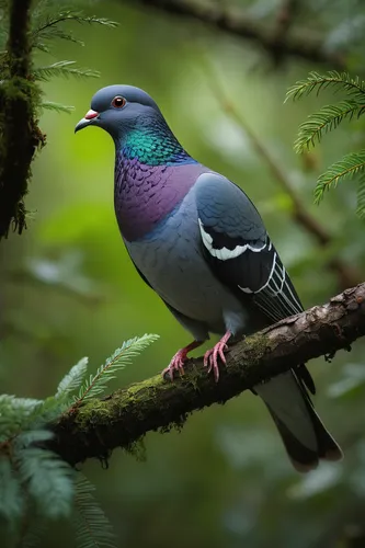 Describe the fascinating behavior of a field pigeon as it searches for food in a dense forest.,blue-headed quail-dove,fantail pigeon,plumed-pigeon,java finch,common wood pigeon,wild pigeon,lilac-breas