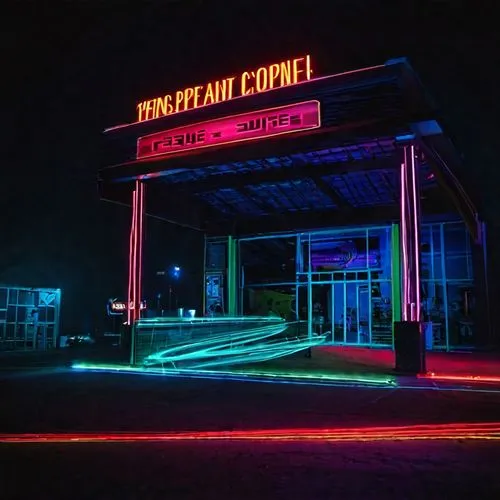 forecourt,neon sign,light paint,colored lights,spaceport,neon coffee,Photography,Documentary Photography,Documentary Photography 04