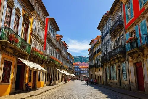 Rococo, Baroque, Porto Portugal, historic center, colorful buildings, azulejo tiles, ornate facades, grand entrance, marble columns, stone carvings, iron balconies, red-tiled roofs, narrow cobblestone