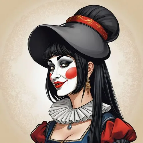 queen of hearts,harlequin,pagliacci,harlequinade,kayako,arlecchino,mime,rockabella,operetta,horror clown,jiangshi,pierrot,jester,geisha girl,caricaturist,rasputina,elvira,vaudevillian,oiran,yukiyo,Illustration,Abstract Fantasy,Abstract Fantasy 23