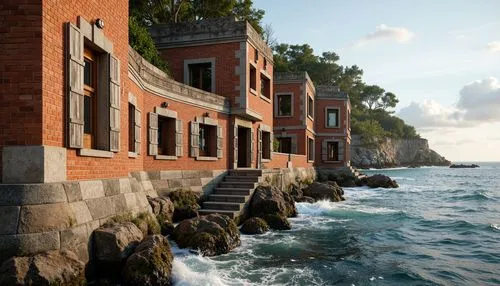 Rugged coastal scenery, crashing waves, salty sea air, weathered brick facades, robust masonry, textured stone walls, durable mortar joints, reinforced foundations, storm-resistant windows, protective