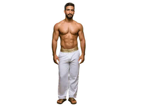 Arabian man, Hussain, 30s, dark skin, short beard, mustache, brown eyes, white dishdasha, golden embroidery, red taqiya, leather sandals, standing, confident pose, strong chest, muscular arms, warm li