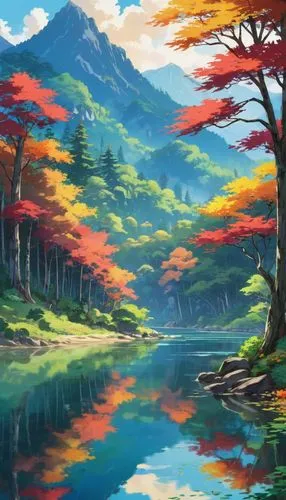 japan landscape,landscape background,japanese mountains,autumn landscape,autumn mountains,river landscape,Illustration,Japanese style,Japanese Style 03