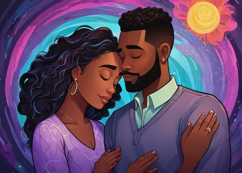 black couple,romantic portrait,sun and moon,the moon and the stars,zodiac sign libra,digital art,loving couple sunrise,young couple,zodiac sign gemini,cg artwork,sci fiction illustration,dancing couple,swirl,rosa ' amber cover,vector illustration,pda,digital illustration,two people,prince and princess,custom portrait,Conceptual Art,Daily,Daily 24