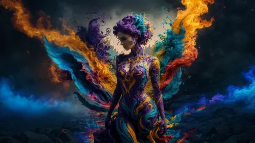 full of colors background,fire artist,fire dancer,flame spirit,firedancer,dancing flames,pillar of fire,fire-eater,fire dance,nebula guardian,fire angel,sorceress,fantasy art,fire background,psychedel