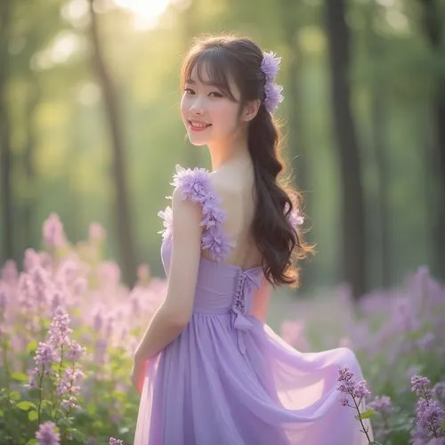 beautiful girl with flowers,flower fairy,pale purple,girl in flowers,light purple,fairy,fairy queen,flower background,enchanting,lilac blossom,violet flowers,hanbok,little girl fairy,girl in a long dress,flower girl,spring background,aerith,ao dai,springtime background,violette,Photography,General,Realistic