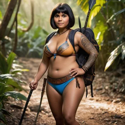 a person, character Dora the Explorer, a brunette woman with large bosoms, a curvy body with tan skin, medium-length black hair and tribal tattoos on her body, wearing a tight Amazon warrior bikini, w