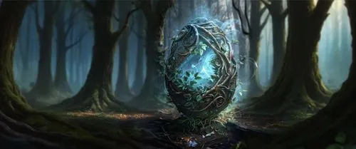 an egg shaped like a forest with moss on it,forest dragon,mirkwood,gradimir,elven forest,fantasy picture,dryad