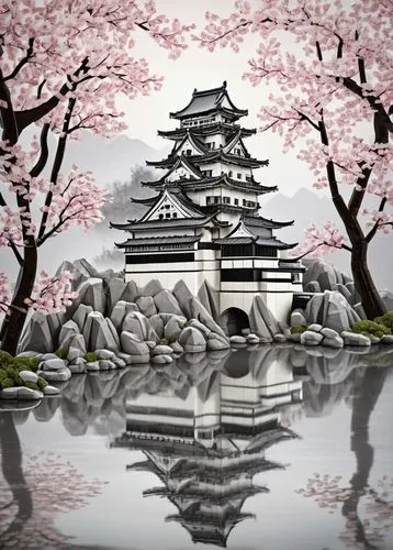 Himeji Castle, Lego Architecture 21060, medieval Japanese castle, majestic, intricate stone walls, curved roofs, golden accents, cherry blossom trees surrounding, vibrant pink flowers blooming, serene