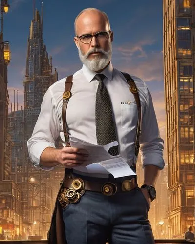 Certified expert, mature male, balding, glasses, beard, professional attire, suit jacket, white shirt, tie, Levi's jeans, black leather shoes, holding a large blueprint, standing in front of a modern 