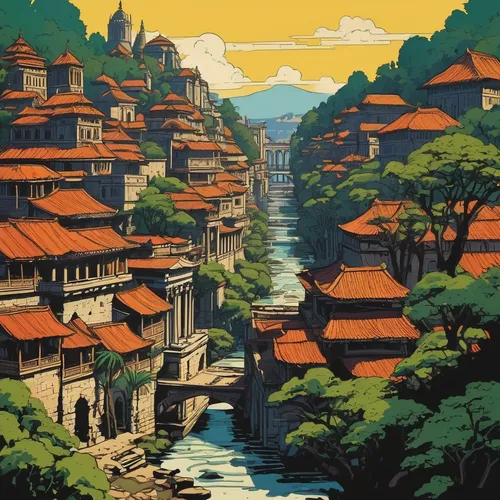 meteora,kyoto,travel poster,kiyomizu,mountain village,nikko,shirakawa-go,bukchon,villages,escher village,vietnam,koyasan,japan landscape,yellow mountains,ancient city,tsukemono,guizhou,china,ryokan,yunnan,Illustration,Vector,Vector 11