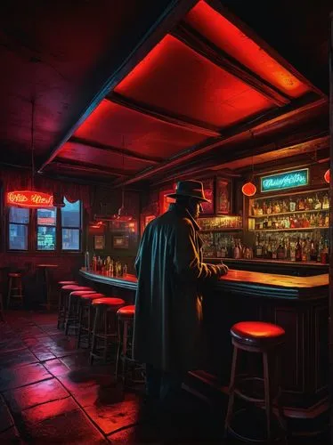 liquor bar,piano bar,nighthawks,arkham,barkeep,retro diner,Illustration,Realistic Fantasy,Realistic Fantasy 06