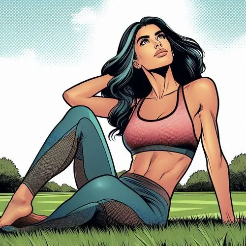 the woman's naked foot resting on the ground,super heroine,girl lying on the grass,muscle woman,background ivy,on the grass,yoga pant,girl sitting,workout icons,wonder woman city,sexy woman,comic half