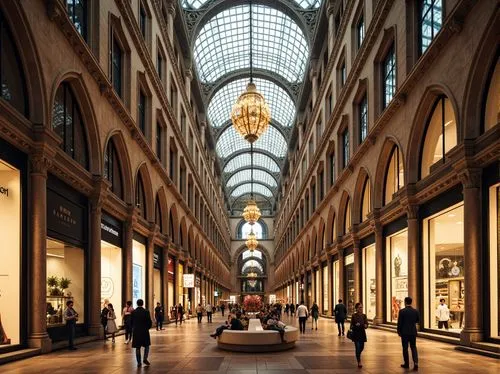 Grand Gothic shopping center, ornate archways, ribbed vaults, stained glass ceilings, intricate stone carvings, majestic entrance halls, luxurious brand stores, marble floors, crystal chandeliers, sof