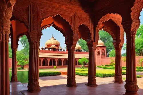 Traditional Indian architecture, intricately carved temple, ornate Hindu motifs, vibrant colors, golden domes, majestic pillars, intricate stone carvings, ornate doors, colorful frescoes, beautiful ar