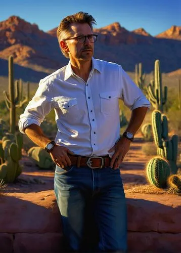 Middle-aged male architect, mature, Arizona desert, rugged, worn jeans, white button-down shirt, brown leather belt, silver watch, messy brown hair, glasses perched on forehead, standing, hands in poc