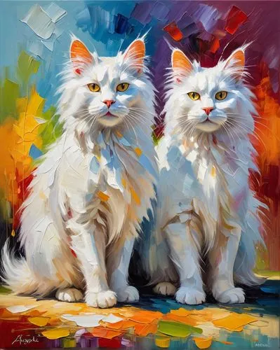 a colorful oil painting with palette knife of two white angora cats, in the style of marcin sobas, 32k uhd, animals and people, oil painter, intense light and shadow, ferrania p30,two white cats are s