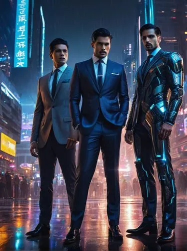 Agents of architecture, futuristic sci-fi, robotic bodies, metallic skin, glowing blue circuits, intricate mechanical details, angular facial features, sharp eyes, sleek black hair, formal attire, sil