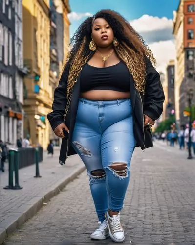 bbw,jeans,young woman,african woman,sneakers,long hair,Photography,General,Realistic