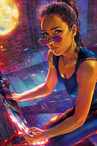 sci fiction illustration,cyberpunk,game illustration,rosa ' amber cover,cg artwork,katniss,girl at the computer,cyber glasses,female runner,bicycle lighting,world digital painting,girl washes the car,