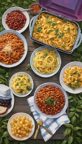 Describe a serene picnic scene with a delicious spread of pasta and beans.,pasta and beans,feast noodles,korean royal court cuisine,colorful pasta,italian pasta,italian cuisine,foods,korean cuisine,ea