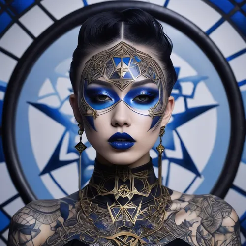 blue enchantress,priestess,sacred geometry,occult,zodiac sign libra,cleopatra,gothic portrait,pentacle,all seeing eye,cobalt blue,tattoo girl,zodiac sign gemini,voodoo woman,hexagram,seven sorrows,fortune teller,witches pentagram,dark blue and gold,tarot,queen cage,Photography,Fashion Photography,Fashion Photography 06